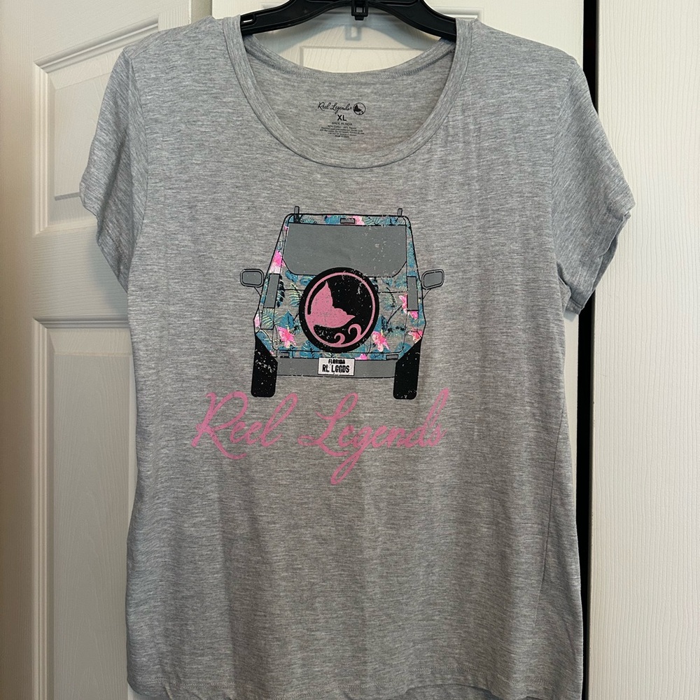 Reel Legends Gray and Pink Short Sleeve Tee